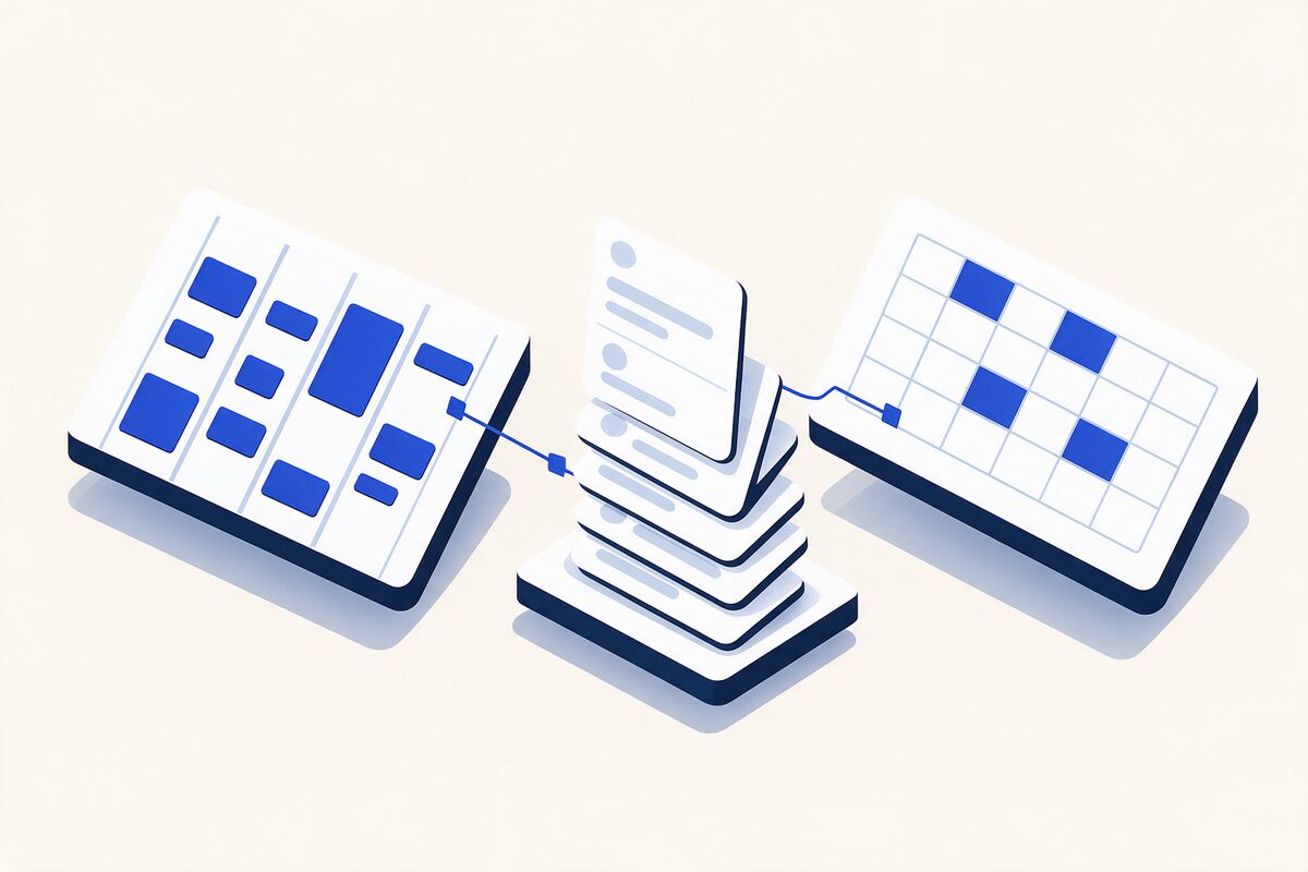 Ilustração isométrica de um quadro de agenda com faixas paralelas de trabalho, uma pilha de fichas em espera e uma grelha de calendário com horas ocupadas e horas livres, ligados por linhas azuis.