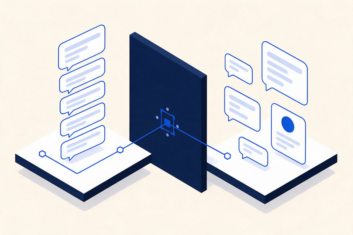 Ilustração isométrica de um painel de respostas automáticas todas iguais, separado por uma parede escura de um segundo painel com respostas variadas e uma ficha de pessoa; uma só linha azul atravessa a parede.