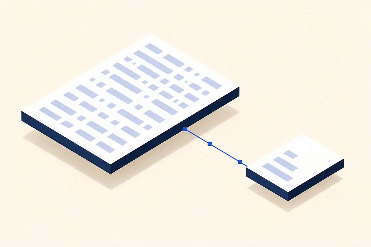Ilustração isométrica de um plano de projeto denso, com muitas fases e tarefas, ligado por uma linha azul a um painel bem mais pequeno que mostra apenas três dessas fases.