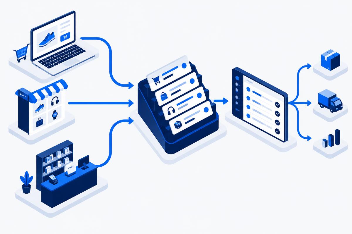 Ilustração isométrica em que uma loja online num portátil, uma montra de rua e um balcão com terminal de pagamento convergem para uma pilha única de pedidos, que segue para uma lista de tarefas e daí para expedição, entrega e indicadores.