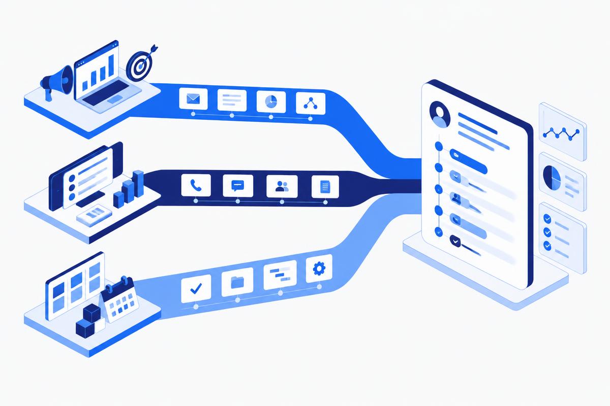 Ilustração isométrica de três percursos — um de marketing com megafone e gráficos, um de vendas com chamadas, conversas e documentos, e um de projetos com quadro de tarefas e calendário — que se juntam numa só faixa e desaguam na ficha de um cliente com o histórico em linha do tempo.