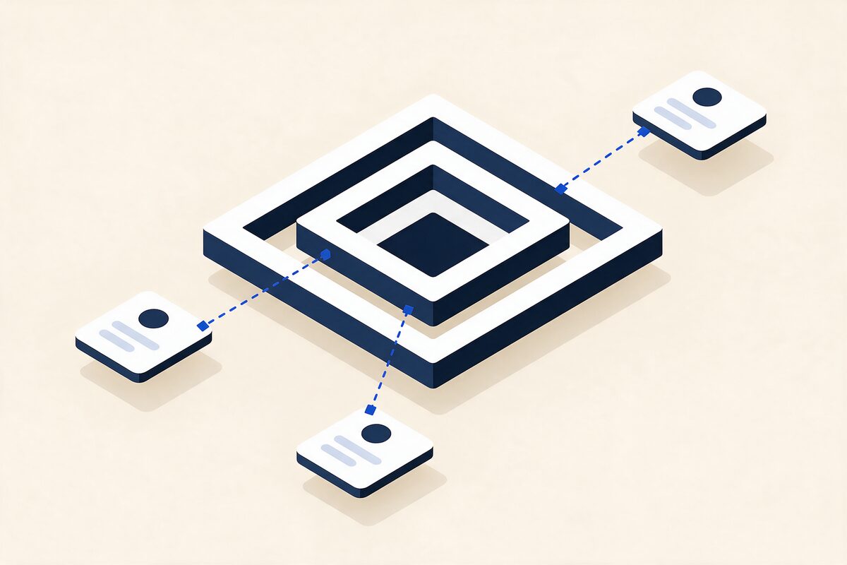 Ilustração isométrica de uma base de dados em camadas concêntricas, com três fichas de acesso cujas linhas azuis param a profundidades diferentes.