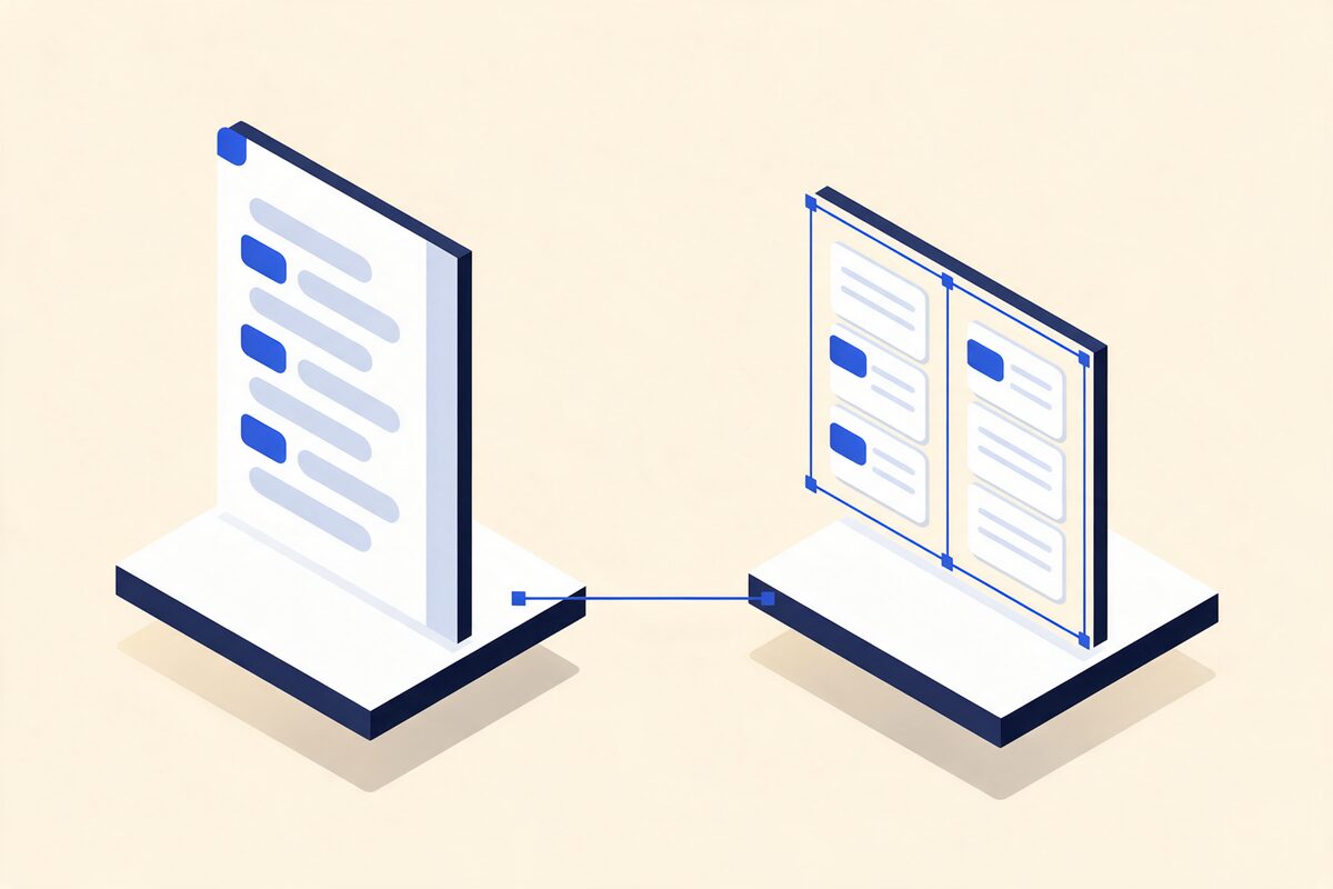 Ilustração isométrica de um documento de procedimento com passos assinalados, ligado a um quadro de trabalho onde as mesmas marcas aparecem nas tarefas correspondentes.