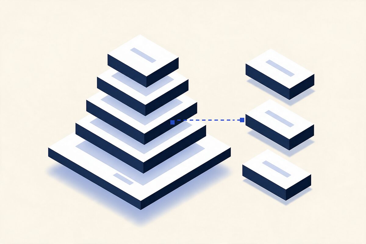 Ilustração isométrica de uma torre de quatro patamares sobre uma base, com três blocos avulsos pousados à parte e uma linha a tracejado a indicar onde encaixariam.